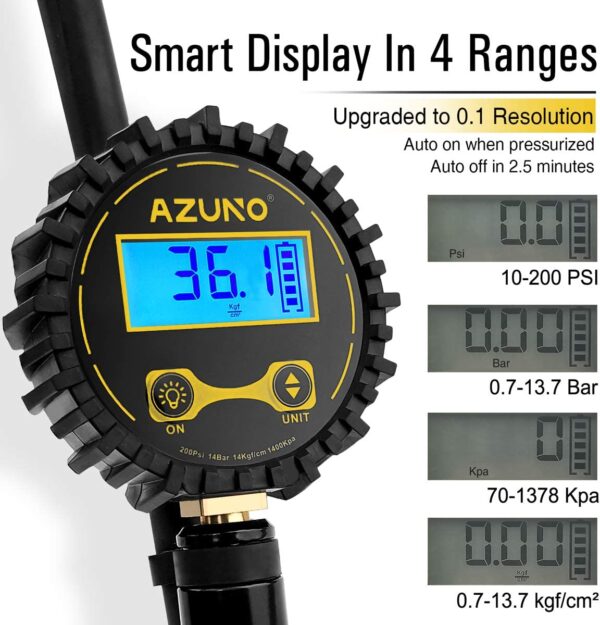 AZUNO Digital Tire Inflator with Pressure Gauge, 200 PSI (0.1 Res) w/LED Flashlight, Heavy Duty Air Compressor Accessories 7pcs Set, w/Lock on Air Chuck, Dual Head Chuck and 90° Tire Valve - Image 2