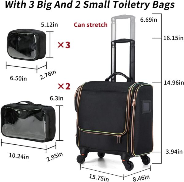 Rolling Makeup Train Case, Stagiant Professional Makeup Case, Travel Cosmetic Organizer Make Up Storage Barber Bag for Makeup Artist, Hairstylist, with 5 Toiletry Bags, Black - Image 3