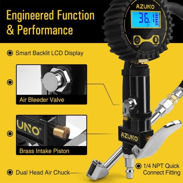 AZUNO Digital Tire Inflator with Pressure Gauge, 200 PSI (0.1 Res) w/LED Flashlight, Heavy Duty Air Compressor Accessories 7pcs Set, w/Lock on Air Chuck, Dual Head Chuck and 90° Tire Valve - Image 5