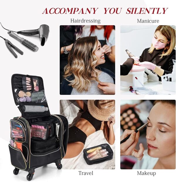 Rolling Makeup Train Case, Stagiant Professional Makeup Case, Travel Cosmetic Organizer Make Up Storage Barber Bag for Makeup Artist, Hairstylist, with 5 Toiletry Bags, Black - Image 7