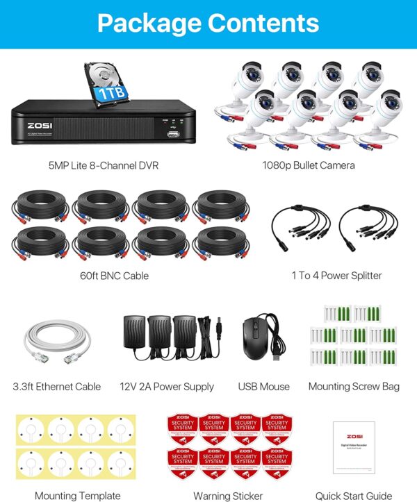 ZOSI H.265+ Home Security Camera System,5MP Lite 8 Channel CCTV DVR Recorder with Hard Drive 1TB and 8 x 1080p Weatherproof Bullet Camera Outdoor Indoor with 80ft Night Vision, Motion Alerts - Image 4
