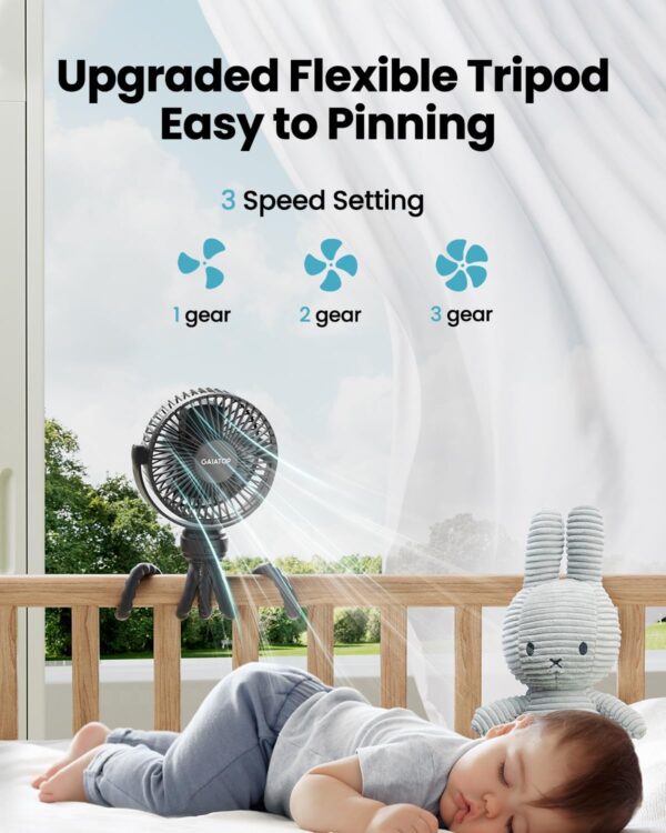 Gaiatop Mini Portable Stroller Fan – Rechargeable Clip-On Fan with 360° Rotation, Flexible Tripod, 3 Speeds – Battery Operated for Crib, Car Seat, Treadmill, Travel – Black - Image 4