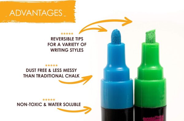 Chalk Markers - 8 Vibrant Colors | Erasable, Non-Toxic, Reversible Tip Liquid Chalk Pens for Kids, Adults, Glass & Chalkboards - Image 2