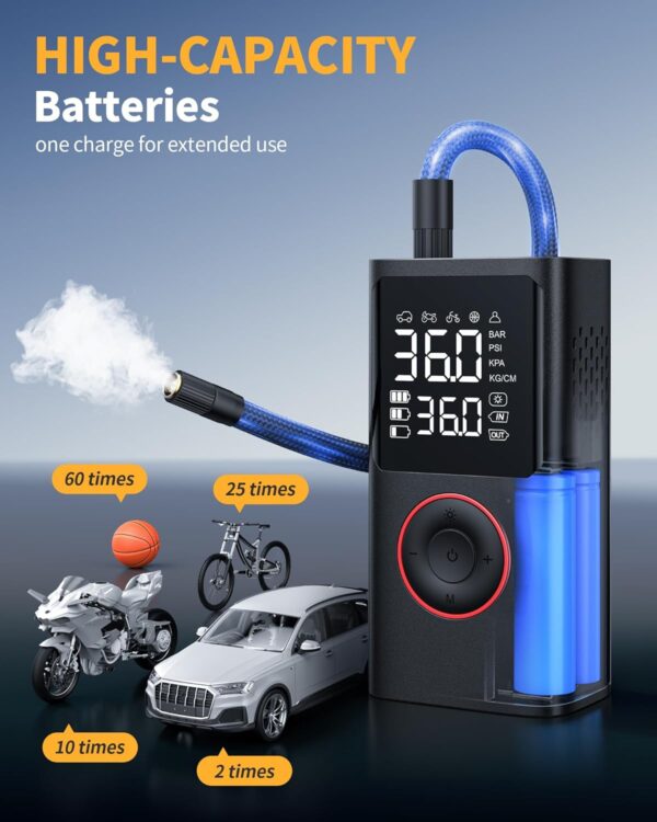 Tire Inflator Portable Air Compressor – 150 PSI Cordless Air Pump for Car, Motorcycle, Bicycle & Balls | Rechargeable with LED Light & Pressure Gauge – Black - Image 4
