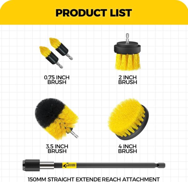 Holikme 6 Pack Drill Brush Power Scrubber Cleaning Kit – All Purpose Drill Brush Set with Long Attachment for Bathroom, Kitchen, Floor, Tile, Tub & Grout – Yellow | Alqabi Online Shop - Image 2