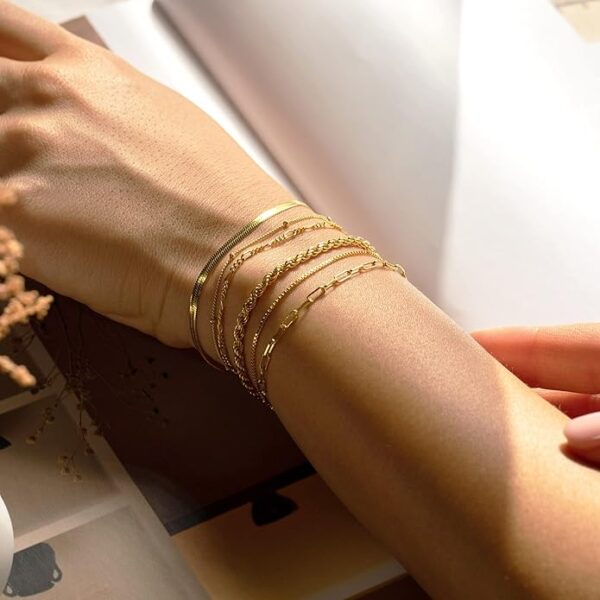DEARMAY Gold Bracelets for Women – Waterproof 14K Real Gold Plated Jewelry Set, Trendy Thin Dainty Stackable Cuban Link & Paperclip Chain Bracelet Pack – Fashion Accessories & Gifts - Image 6