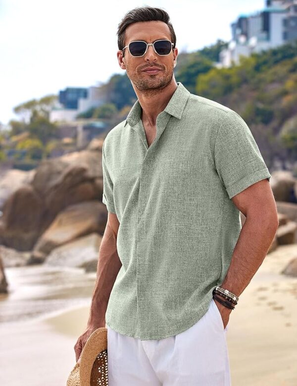 OOFANDY Men's Linen Shirt – Short Sleeve Casual Button Down Beach Shirt for Summer, Wedding & Travel | Lightweight Breathable Cotton Blend - Image 2