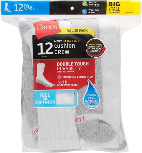 Hanes Men's Double Tough Crew Socks 12-Pack – Durable, Cushioned, Everyday Comfort Socks for Men - Image 5