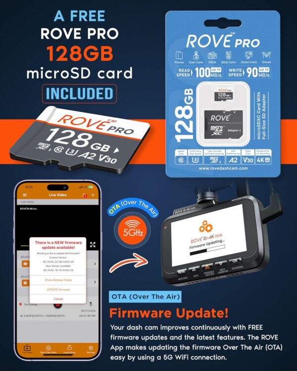 ROVE R2-4K Dual Dash Cam Front & Rear | 4K UHD + FHD STARVIS 2 Sensor | 128GB Free Card | 5G WiFi | 24H Parking Mode | Car Dashboard Camera - Image 3