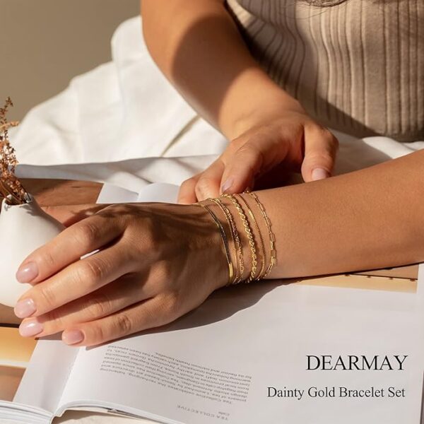 DEARMAY Gold Bracelets for Women – Waterproof 14K Real Gold Plated Jewelry Set, Trendy Thin Dainty Stackable Cuban Link & Paperclip Chain Bracelet Pack – Fashion Accessories & Gifts - Image 5