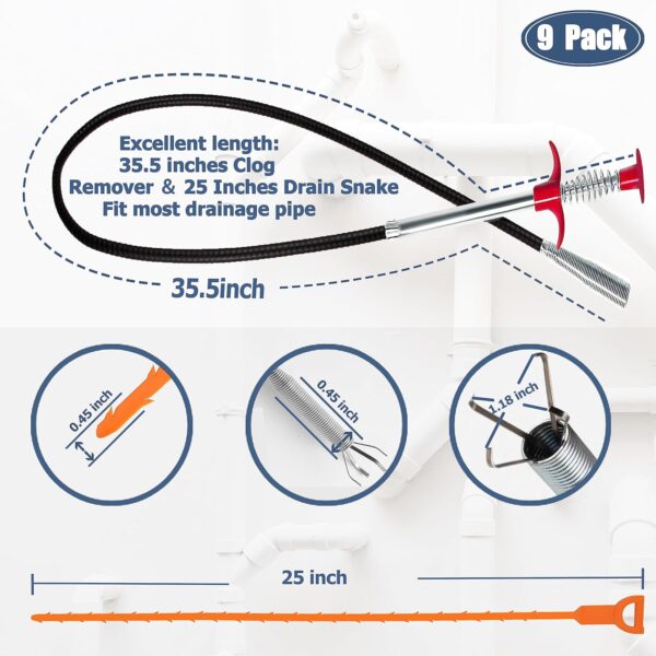 9-Pack Drain Clog Remover Tool Set – 35.5" Drain Snake, 25" Hair Remover (6pcs), Brushes – for Kitchen, Bathroom, Toilet, Tub & Sewer | Alqabi - Image 5