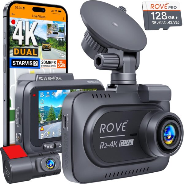ROVE R2-4K Dual Dash Cam Front & Rear | 4K UHD + FHD STARVIS 2 Sensor | 128GB Free Card | 5G WiFi | 24H Parking Mode | Car Dashboard Camera - Image 4
