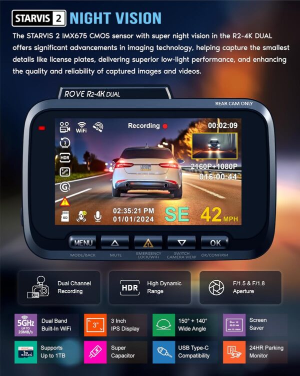 ROVE R2-4K Dual Dash Cam Front & Rear | 4K UHD + FHD STARVIS 2 Sensor | 128GB Free Card | 5G WiFi | 24H Parking Mode | Car Dashboard Camera - Image 8