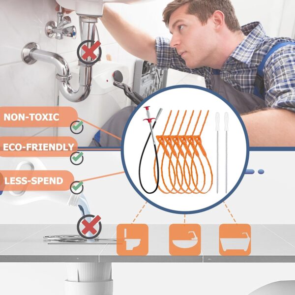 9-Pack Drain Clog Remover Tool Set – 35.5" Drain Snake, 25" Hair Remover (6pcs), Brushes – for Kitchen, Bathroom, Toilet, Tub & Sewer | Alqabi - Image 7