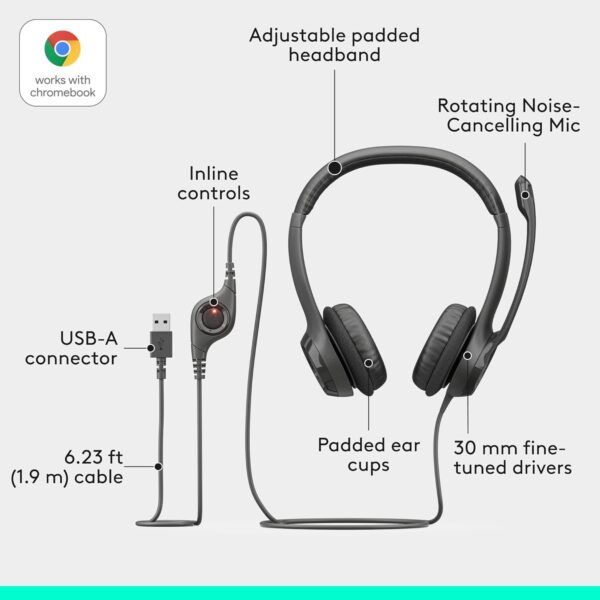 Logitech H390 Wired Headphones with Mic – USB Noise Cancelling Headset for PC, Video Calls, Music & Gaming – Black - Image 8
